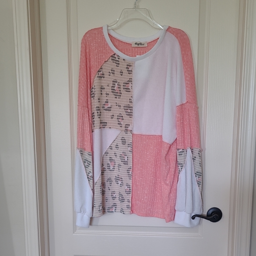 HAPTICS Long Sleeve Coral and Animal Print Patchwork Top Size 2X